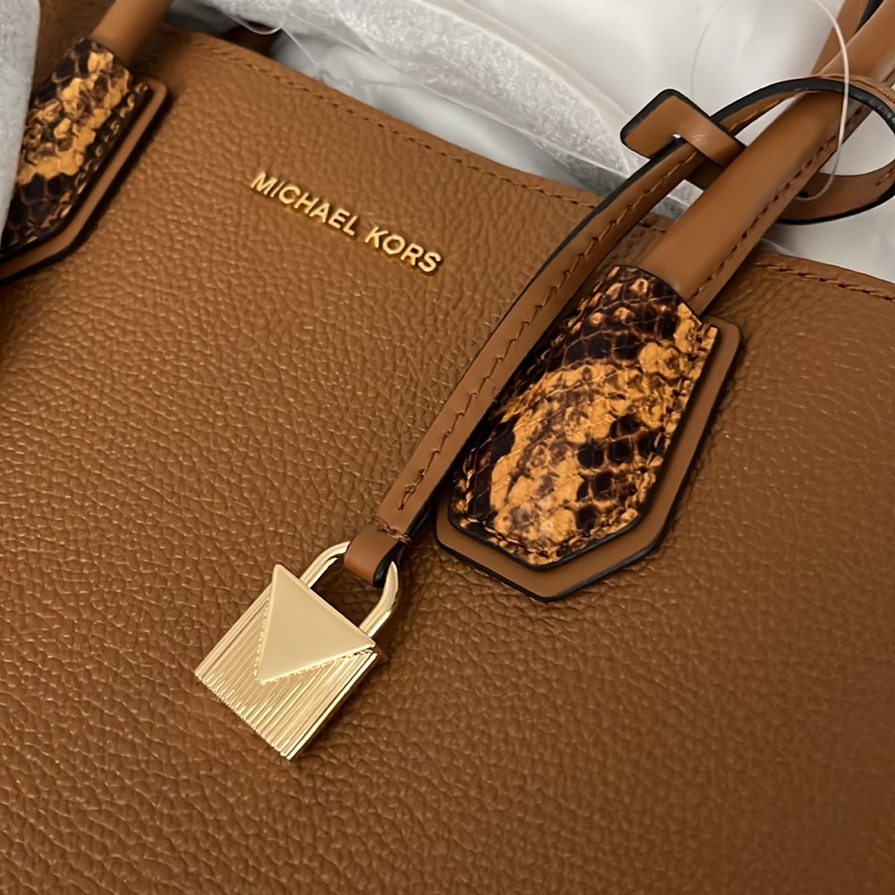 New MK brown leather handbag satchel with long strap 风琴包
